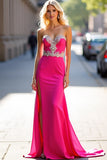Appliques fucsia senza spalline guaina Abito da Cerimonia con fessura