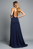 A Line Navy Spaghetti Straps Abito Formale Lungo con Spacco