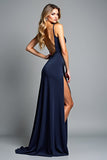 A Line Navy Spaghetti Straps Abito Formale Lungo con Spacco