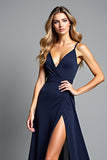 A Line Navy Spaghetti Straps Abito Formale Lungo con Spacco