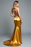 Golden Appliques Beads senza spalline guaina Abito da Cerimonia con fessura