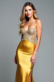 Golden Appliques Beads senza spalline guaina Abito da Cerimonia con fessura