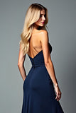 Navy Sheath Abito Formale Lungo Senza Spalline con Spacco
