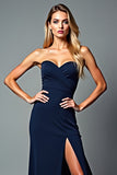 Navy Sheath Abito Formale Lungo Senza Spalline con Spacco