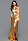 Guaina Golden Halter Plettato Abito da ballo lungo con fessura
