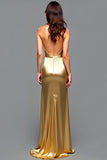 Guaina Golden Halter Plettato Abito da ballo lungo con fessura