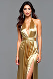 Guaina Golden Halter Plettato Abito da ballo lungo con fessura