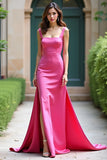 Fucsia Spaghetti Straps Guaina Abito da Cerimonia con Spacco