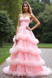 Rosa A Line Sweetheart Tiered Abito da ballo lungo in tulle con volant