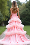 Rosa A Line Sweetheart Tiered Abito da ballo lungo in tulle con volant
