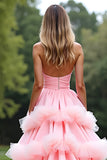 Rosa A Line Sweetheart Tiered Abito da ballo lungo in tulle con volant