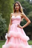 Rosa A Line Sweetheart Tiered Abito da ballo lungo in tulle con volant