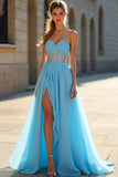 Sparkly Blue A Line Sweetheart Beaded Abito da ballo lungo con fessura