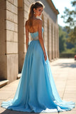 Sparkly Blue A Line Sweetheart Beaded Abito da ballo lungo con fessura