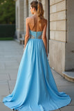 Sparkly Blue A Line Sweetheart Beaded Abito da ballo lungo con fessura
