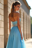 Sparkly Blue A Line Sweetheart Beaded Abito da ballo lungo con fessura