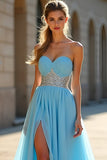 Sparkly Blue A Line Sweetheart Beaded Abito da ballo lungo con fessura