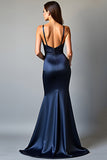 Navy guaina spaghetti spalline lungo raso abito da ballo con fessura