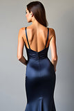 Navy guaina spaghetti spalline lungo raso abito da ballo con fessura