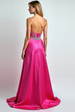 Scintillante fucsia una linea di paillettes Sweetheart lungo abito da ballo con fessura
