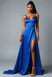Royal Blue A Line Spaghetti Straps Abito da ballo lungo in raso