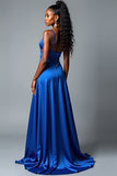 Royal Blue A Line Spaghetti Straps Abito da ballo lungo in raso