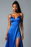 Royal Blue A Line Spaghetti Straps Abito da ballo lungo in raso