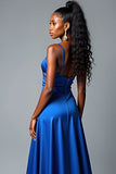 Royal Blue A Line Spaghetti Straps Abito da ballo lungo in raso