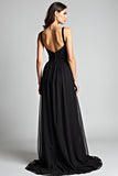 Nero Spaghetti Straps A Line Plissettato Abito da damigella d'onore lungo