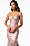 Dusty Rose Spaghetti Straps sirena plissettato Abito da Cerimonia con fessura