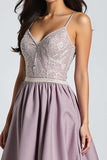 Ricamo Spaghetti Straps Viola A Line Abito da Cerimonia