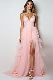 Rosa Lush A Line Spaghetti Straps Abito lungo da ballo con volant