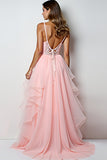 Rosa Lush A Line Spaghetti Straps Abito lungo da ballo con volant
