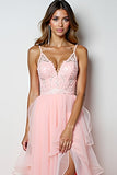 Rosa Lush A Line Spaghetti Straps Abito lungo da ballo con volant