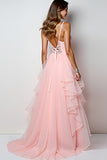 Rosa Lush A Line Spaghetti Straps Abito lungo da ballo con volant