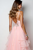 Rosa Lush A Line Spaghetti Straps Abito lungo da ballo con volant
