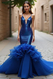 Scintillante Royal Blue Mermaid Spaghetti Straps Abito lungo da ballo con volant