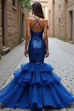 Scintillante Royal Blue Mermaid Spaghetti Straps Abito lungo da ballo con volant