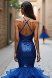 Scintillante Royal Blue Mermaid Spaghetti Straps Abito lungo da ballo con volant