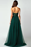 Verde scuro una linea senza spalline pizzo fessura abito lungo Prom