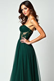 Verde scuro una linea senza spalline pizzo fessura abito lungo Prom
