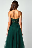 Verde scuro una linea senza spalline pizzo fessura abito lungo Prom