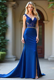 Royal Blue Sheath Abito lungo da ballo in pizzo con perline in pizzo con fessura