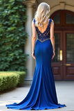 Royal Blue Sheath Abito lungo da ballo in pizzo con perline in pizzo con fessura