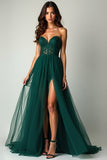 Verde scuro una linea Sweetheart senza spalline tulle abito lungo da ballo con fessura