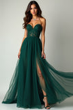 Verde scuro una linea Sweetheart senza spalline tulle abito lungo da ballo con fessura