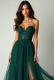 Verde scuro una linea Sweetheart senza spalline tulle abito lungo da ballo con fessura