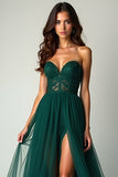 Verde scuro una linea Sweetheart senza spalline tulle abito lungo da ballo con fessura