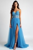 Azzurro A Line Spaghetti Straps Abito lungo da ballo con fessura