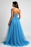 Azzurro A Line Spaghetti Straps Abito lungo da ballo con fessura